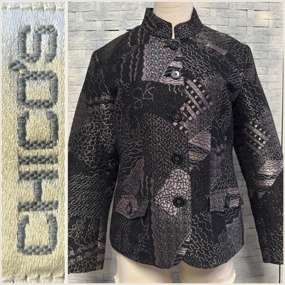 Chicos Jackets & Blazers - Chicos Blazer Sz 1 Medium Textured Metallic Paisley Mandarin Collar Button Front